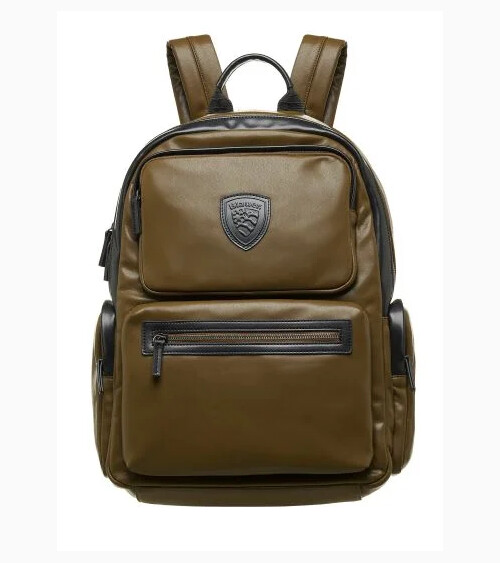 Blauer Rucksack aus Kunstleder mit frontalen Taschen