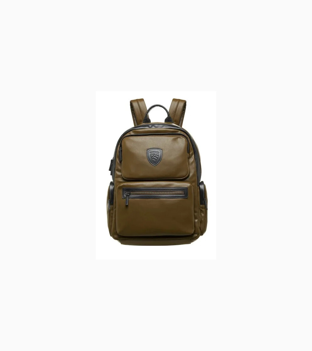 Blauer Rucksack aus Kunstleder mit frontalen Taschen