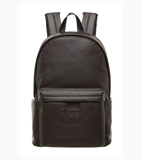 Blauer mochila de cuero ecológico con bolsillo frontal