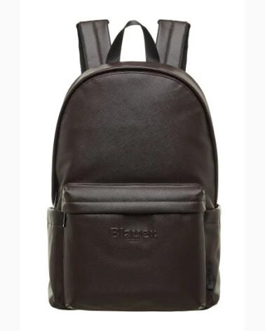 Blauer mochila de cuero ecológico con bolsillo frontal
